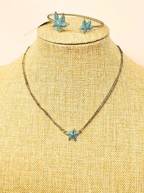 Vintage Set of 3 Starfish Turquoise-Blue Beads Necklace Cuff Mini Studs